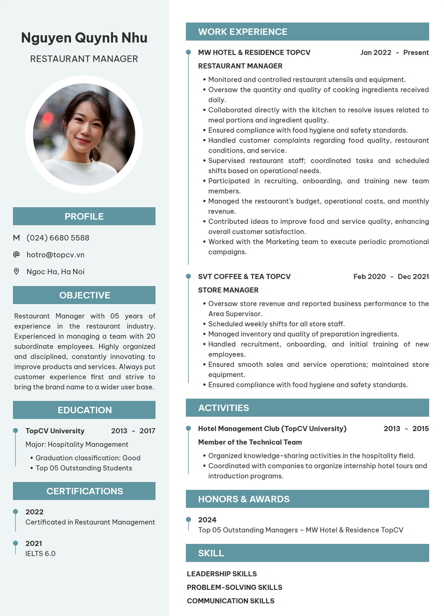 Tham khảo mẫu CV xin việc Tiếng Anh vị trí Quản lý nhà hàng